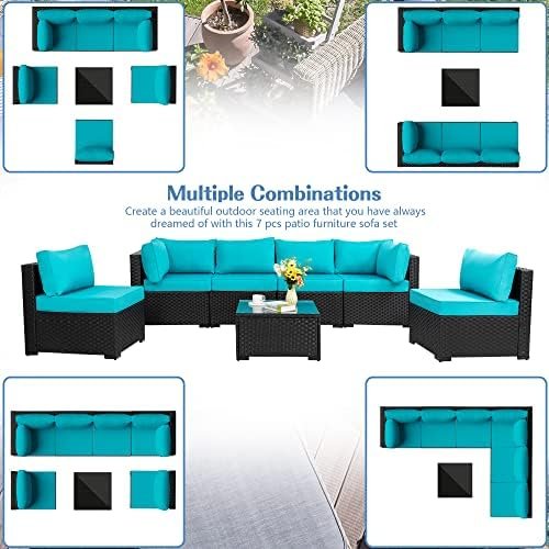 Shintenchi 7 Pieces Outdoor Patio Sectional Sofa Couch, Black PE Wicker Furniture Conversation Sets with Washable Cushions & Glass Coffee Table for Garden, Poolside, Backyard (Blue) - Image 7