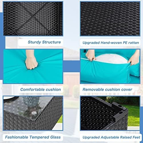 Shintenchi 7 Pieces Outdoor Patio Sectional Sofa Couch, Black PE Wicker Furniture Conversation Sets with Washable Cushions & Glass Coffee Table for Garden, Poolside, Backyard (Blue) - Image 5