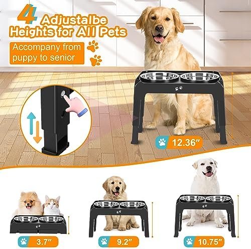 Elevated Dog Bowls, 4 Height Adjustable Raised Dog Bowl Stand with 2 Thick 50oz Stainless Steel Dog Food Bowls Non-Slip Dog Feeder for Large Medium Dogs Adjusts to 3.7", 9.2", 10.75", 12.36" Black - Image 2