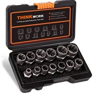 THINKWORK Bolt Extractor Set, 13+1 Pieces Impact & Nut Remover Stripped Lug Remover, Extraction Socket Set for Removing Damaged, Frozen, Rusted, Rounded-Off Bolts, Nuts Screws