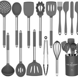 Silicone Cooking Utensil Set,Umite Chef Kitchen Utensils 15pcs Set Non-stick Heat Resistan BPA-Free Stainless Steel Handle Tools Whisk - Grey