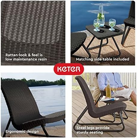 Keter Rio 3 Piece Resin Wicker Patio Furniture Set with Side Table and Outdoor Chairs, Brown - Image 5
