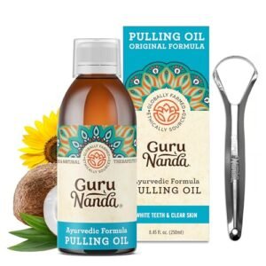 GuruNanda Original Oil Pulling with Tongue Scraper, Alcohol & Fluoriode Free Mouthwash for Teeth & Gum Health & Fresh Breath (Unflavoured), 8.45 Fl Oz