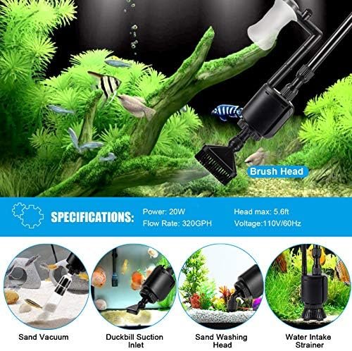 AQQA Aquarium Gravel Cleaner, 6-in-1 Electric Fish Tanks Gravel Vacuum Cleaner Set for Remove Dirt, Change Water, Wash Sand, Water Shower, Water Circulation (20W, 320GPH) - Image 5