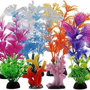 Fish Tank Decorations Plants with Resin Coral, 8 pcs Aquarium Decorations Small Plants Plastic, Fish Tank Accessories, Aquarium Decor