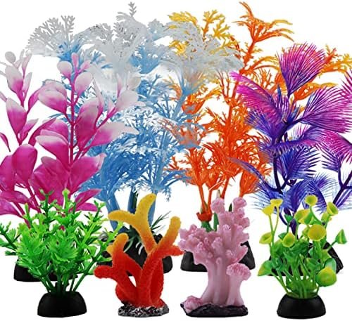 Fish Tank Decorations Plants with Resin Coral, 8 pcs Aquarium Decorations Small Plants Plastic, Fish Tank Accessories, Aquarium Decor