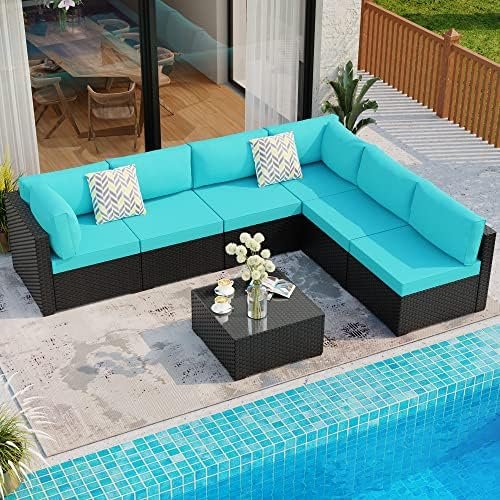 Shintenchi 7 Pieces Outdoor Patio Sectional Sofa Couch, Black PE Wicker Furniture Conversation Sets with Washable Cushions & Glass Coffee Table for Garden, Poolside, Backyard (Blue) - Image 2