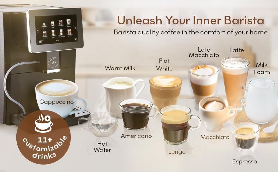 Cafe Bueno Super Automatic Espresso Machine - 19 Coffee Recipes, Durable, Grinder, Milk Frother, 7" Touchscreen - Image 3