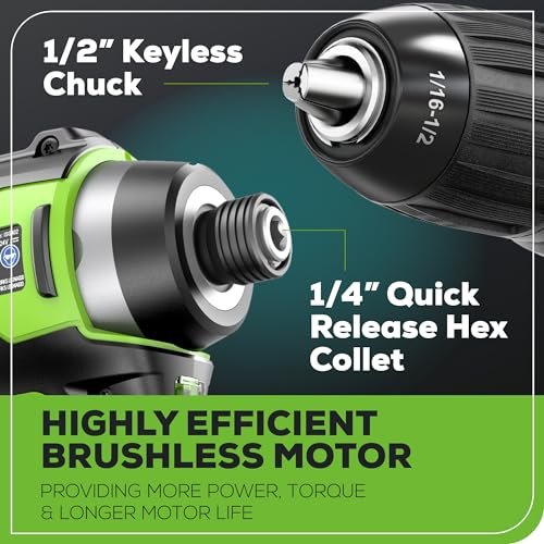 Greenworks 24V Brushless Cordless Drill and Impact Driver,Power Tool Combo Kit Included 1/2”Drill & 1/4”Hex Impact Driver and (2) Batteries, Fast Charger, 2 pcs Drill Bit Set & Bag - Image 5