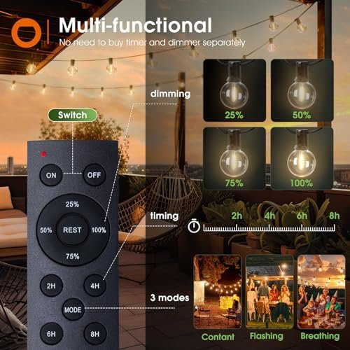 addlon 104FT(98+6) Solar String Lights Outdoor with Remote, 54 LED Shatterproof Bulbs, Dimmable & Timable, 3 Light Modes, Waterproof Solar String Lights for Outside Backyard Party - Image 4