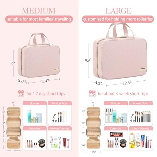 HOTOR Travel Toiletry Bag - Toiletry Bag w/Hanging Hook - Spacious Toiletry Bag for Women & Men, Makeup Bag/Big Comparment, Waterproof for Travel Accessories, Travel Essentials, Medium, Pink - Image 3