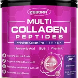ZEBORA Multi Collagen Peptides Powder - Hydrolyzed Collagen Type I II III V X with Hyaluronic Acid, Biotin, Vitamin C - Support Skin Hair Nail Joints, Non-GMO, Unflavored, Keto Friendly