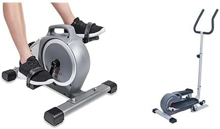 Sunny Health & Fitness Under Desk Mini Exercise Cycle Bike + Sunny Health & Fitness Magnetic Standing Elliptical with Handlebars - SF-E3988, Grey
