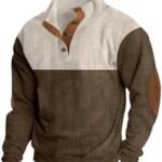 Chounliem Hooded Sweatshirt Men Corduroy Sweater with Elbow Patches Long Sleeve Button Turtleneck Polo Shirts Vintage