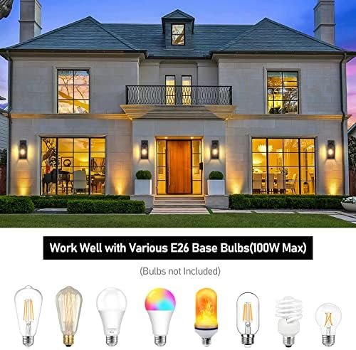 Outdoor Wall Light Fixtures, Exterior Waterproof Wall Lanterns, Porch Sconces Lighting with E26 Sockets & Glass Shades, Modern Matte Black Outside Lights for Patio Front Door Entryway Garage, 2-Pack - Image 4