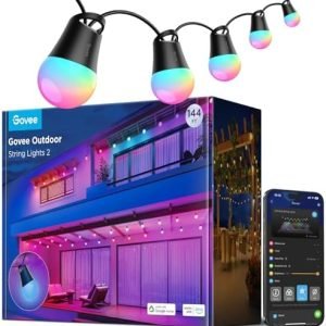 Govee Smart Outdoor String Lights 2, 144ft Outdoor Lights with Dimmable Warm White LED Bulbs, 47 Scene Modes for Patio, Backyard, Balcony, IP65 Waterproof, Works with Alexa, App Control
