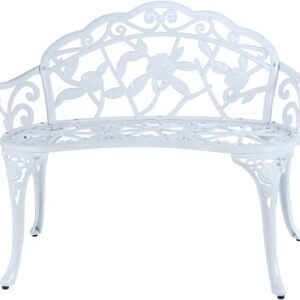JARDIN DE CENTENNIAL Patio Garden Bench Metal Park Bench Cast Aluminum Outdoor Furniture with Floral Rose for Patio,Park,Lawn,Yard (White)