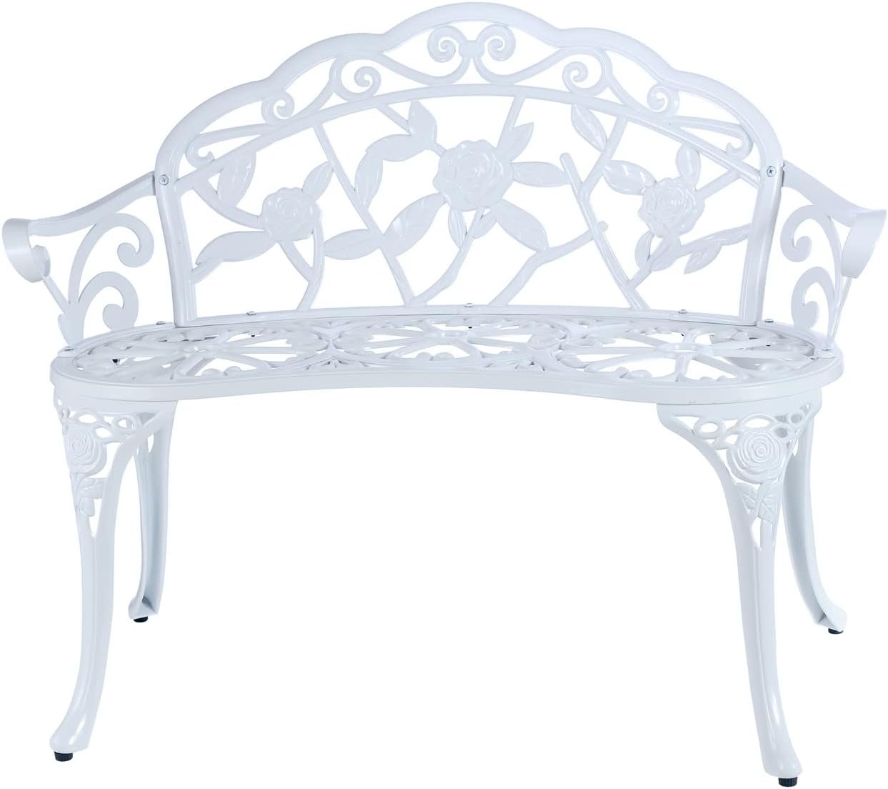 JARDIN DE CENTENNIAL Patio Garden Bench Metal Park Bench Cast Aluminum Outdoor Furniture with Floral Rose for Patio,Park,Lawn,Yard (White)