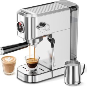 20Bar Espresso Machine, Compact Espresso Maker with Milk Frother, Stainless Steel Coffee Machine for Cappuccino&Latte, 42oz Water Tank, Visible Pressure Gauge, Home&Office, Silver