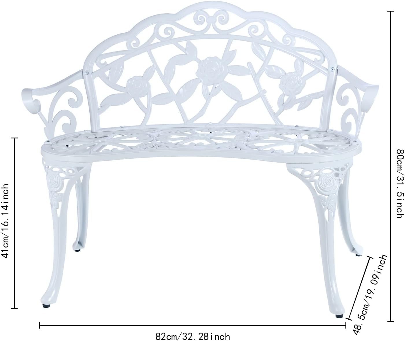 JARDIN DE CENTENNIAL Patio Garden Bench Metal Park Bench Cast Aluminum Outdoor Furniture with Floral Rose for Patio,Park,Lawn,Yard (White) - Image 2