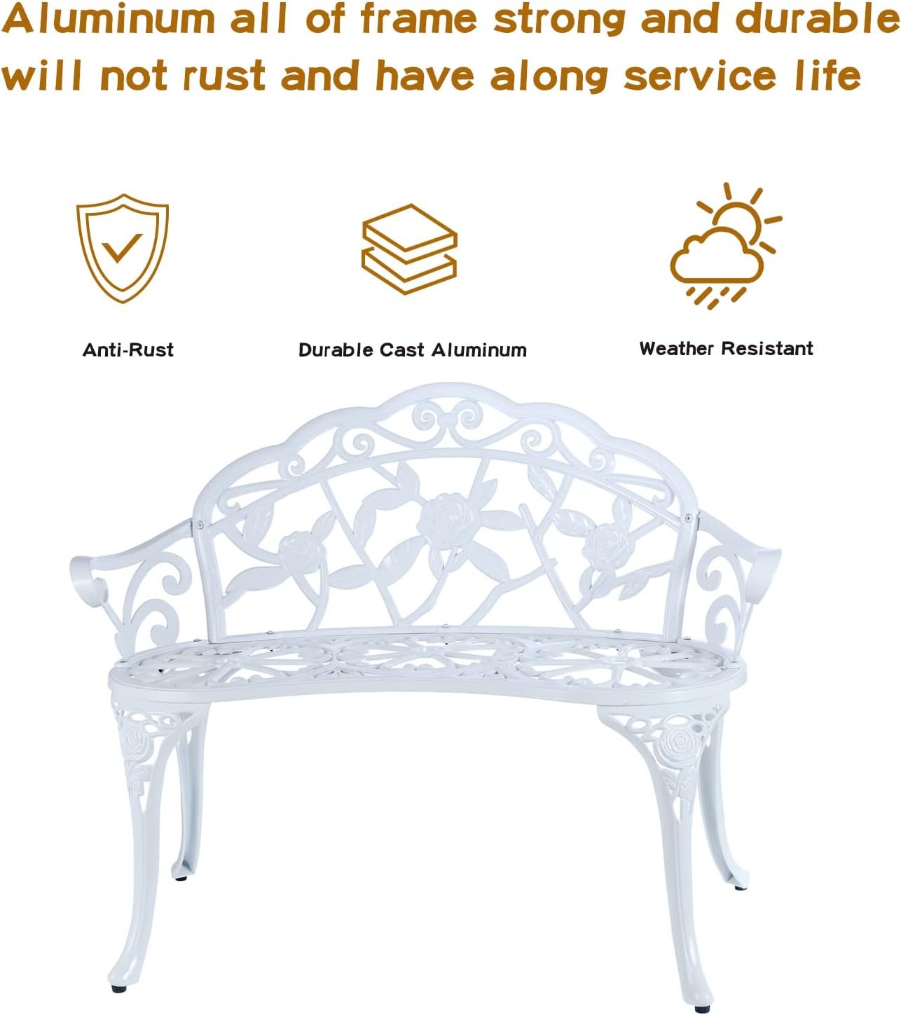 JARDIN DE CENTENNIAL Patio Garden Bench Metal Park Bench Cast Aluminum Outdoor Furniture with Floral Rose for Patio,Park,Lawn,Yard (White) - Image 3