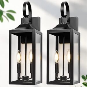 19" Large Outdoor Wall Light - Black Outside Wall Mounted Light Fixture, Exterior Farmhouse Wall Sconce Lantern 2-Light, Modern Porch Lighting Exterior Lamp for House, 2 Pack
