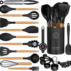 Silicone Cooking Utensils Set - AVGPD Silicone Kitchen Utensils for Cooking Wooden Handles, 446°F Heat Resistant Kitchen Utensil Spatula Sets, Gadgets for Non-Stick Cookware BPA FREE (Black)