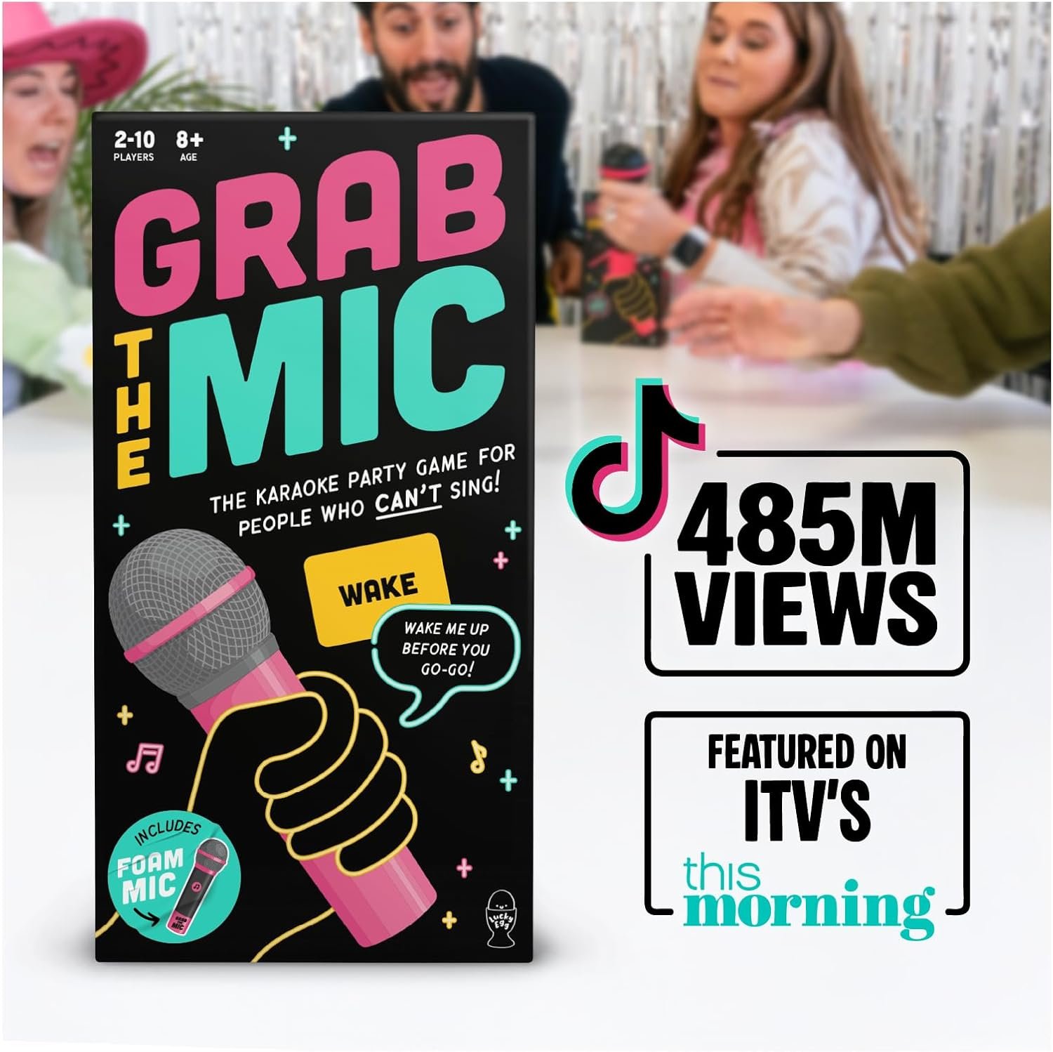 Lucky Egg Official Grab The Mic – Family Karaoke Board Game w/Foam Mic, 8+ Ages, 2-10 Players - Games for Bad Singers w/ 240 Lyrics (120 Cards) (First Edition) - Image 3