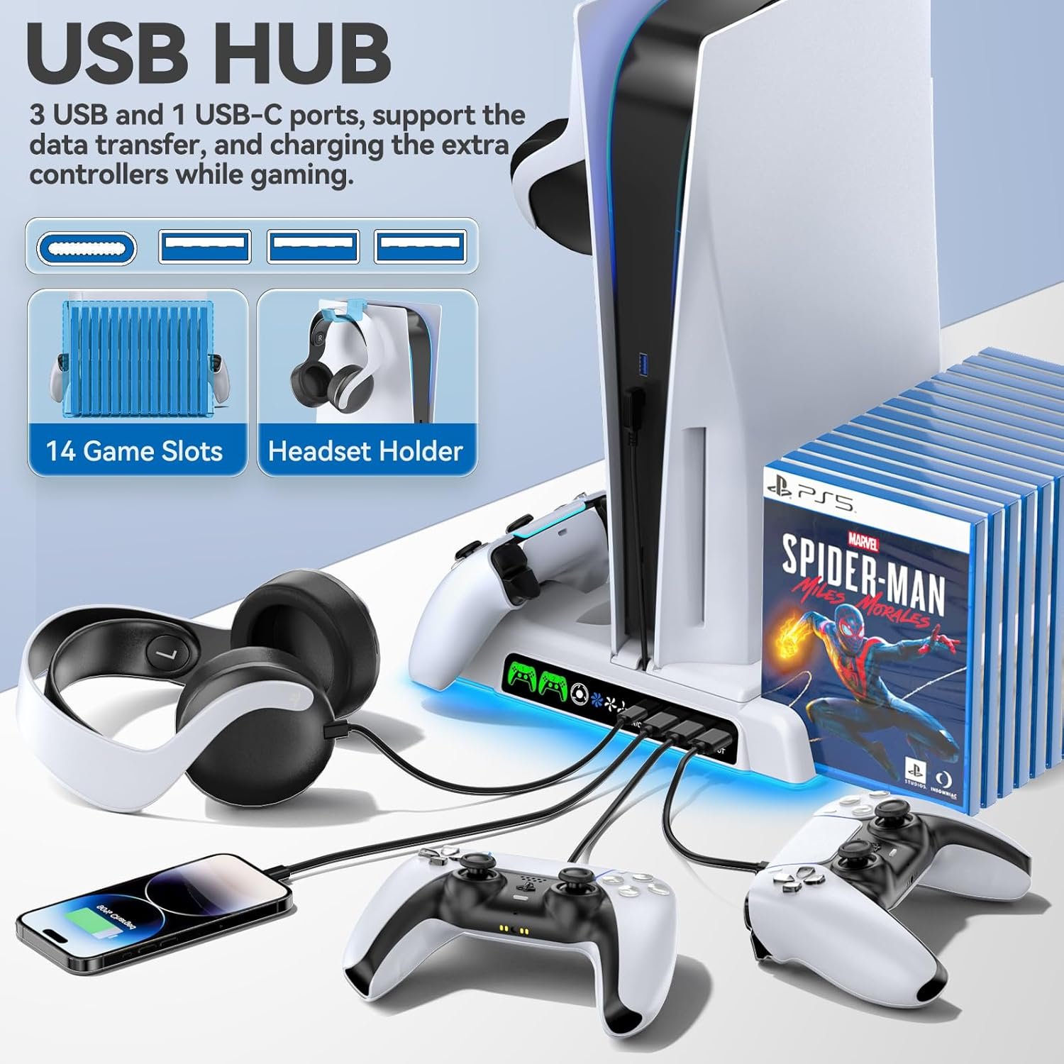 PS5/Slim/Pro Stand and Cooling Station with LED Controller Charging Station for PlayStation 5 Console, Controller Charger, Cooling Stand, PS5/Slim/Pro Accessories Kit with 3 Level Cooler Fan - Image 5