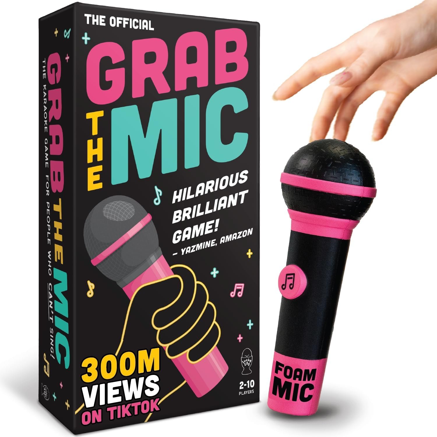 Lucky Egg Official Grab The Mic – Family Karaoke Board Game w/Foam Mic, 8+ Ages, 2-10 Players - Games for Bad Singers w/ 240 Lyrics (120 Cards) (First Edition)
