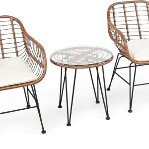 DORTALA 3 Piece Patio Bistro Set, Outdoor Wicker Furniture with Round Tempered Glass Top Table & 2 Rattan Armchairs, Cushions, Conversation Set for Porch, Backyard, Garden, White