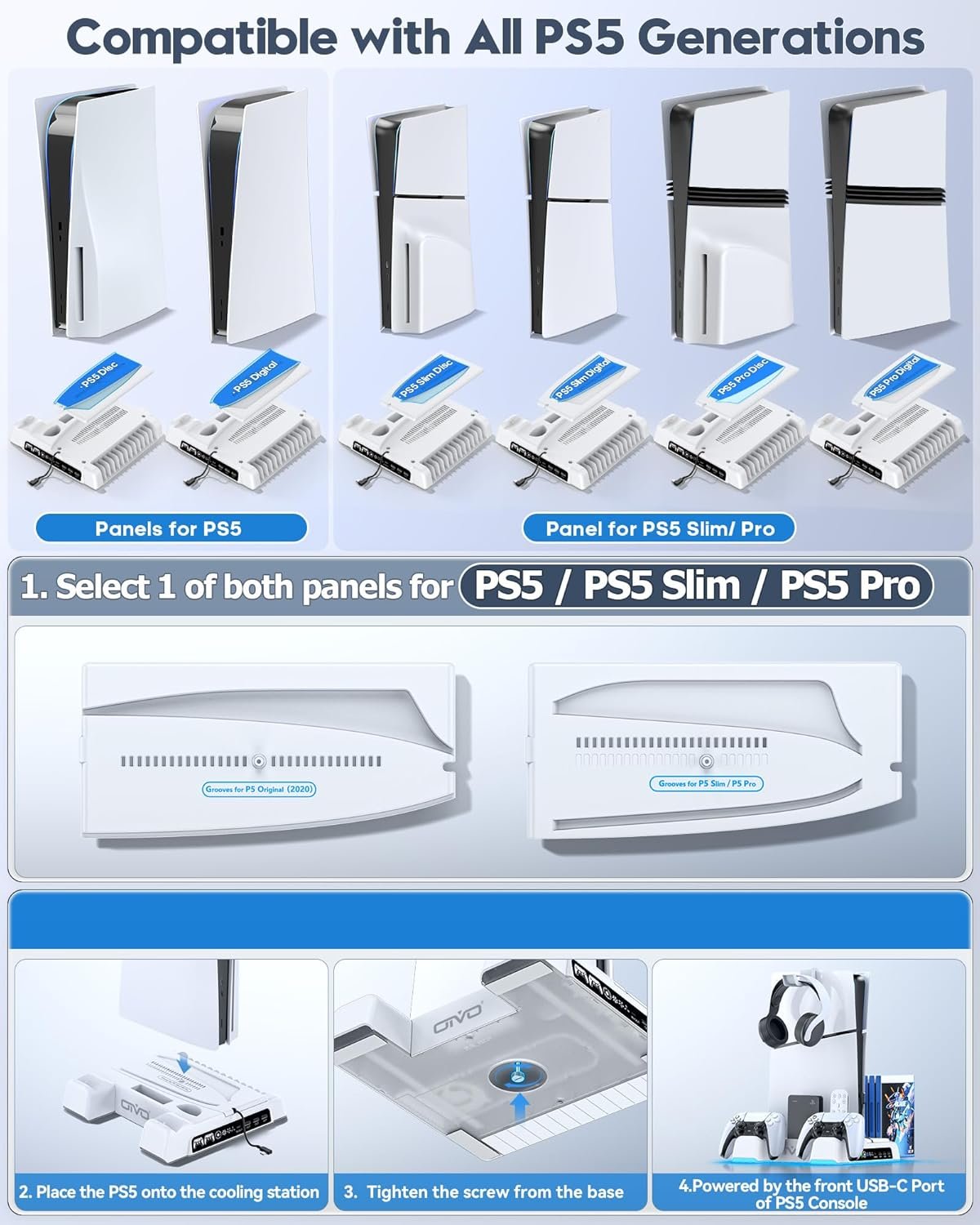 PS5/Slim/Pro Stand and Cooling Station with LED Controller Charging Station for PlayStation 5 Console, Controller Charger, Cooling Stand, PS5/Slim/Pro Accessories Kit with 3 Level Cooler Fan - Image 2