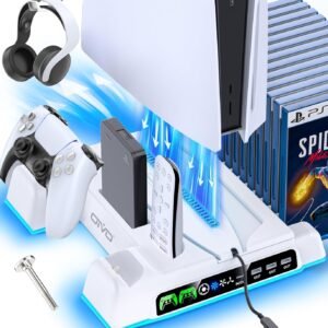 PS5/Slim/Pro Stand and Cooling Station with LED Controller Charging Station for PlayStation 5 Console, Controller Charger, Cooling Stand, PS5/Slim/Pro Accessories Kit with 3 Level Cooler Fan
