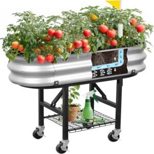 Raised Garden Bed with Legs and Heavy Duty Wheels, Self-Watering Planter Box, Easy-Install Foldable Stand, Galvanized Metal Elevated Wicking Bed with Liner for Indoor Outdoor Gardening