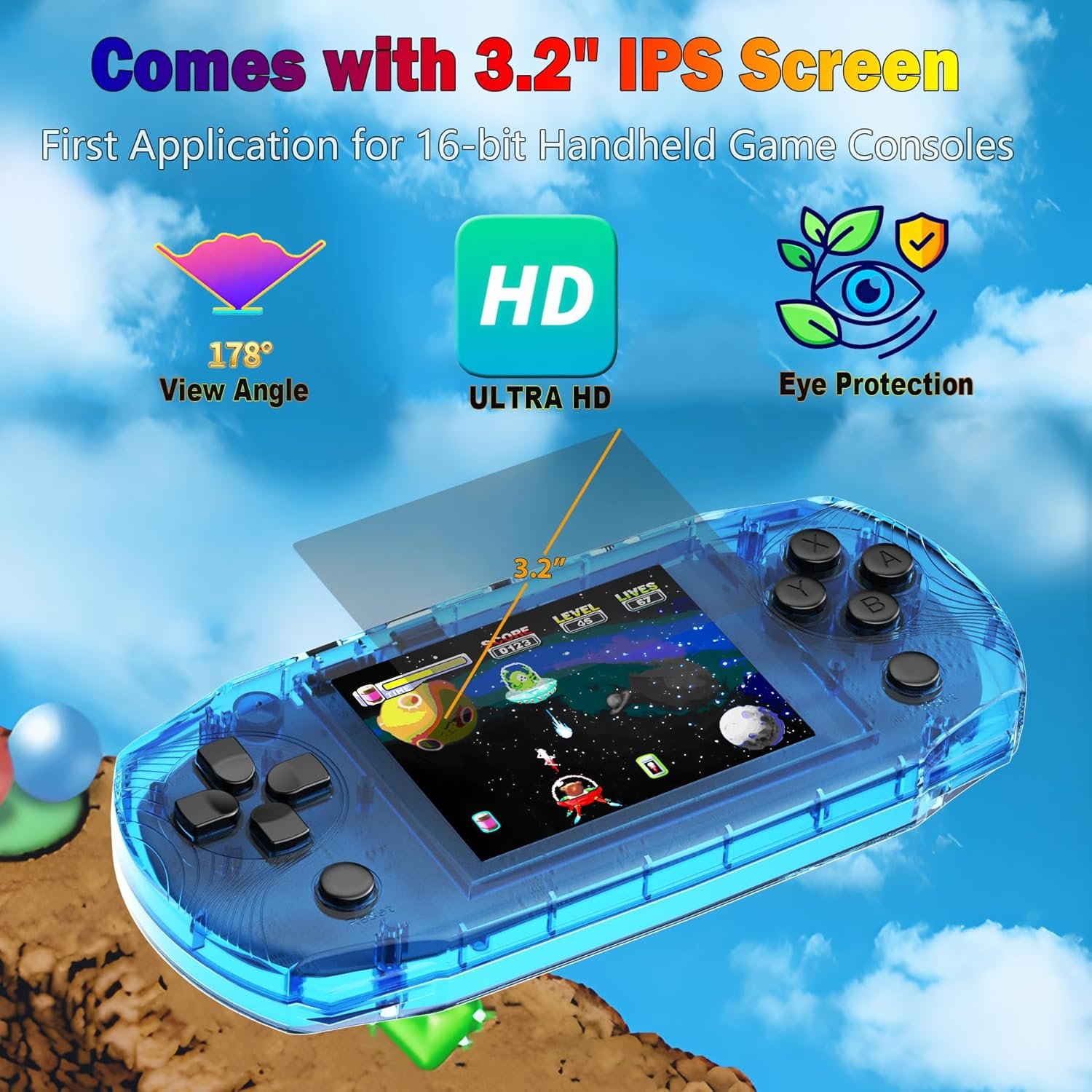 16 Bit Handheld Game Console for Kids Preloaded 100 Retro Video Games, Portable Gaming System Rechargeable Battery 3.2" IPS Screen, Mini Travel Electronic Toy Gifts for Boys Girls (Blue) - Image 3