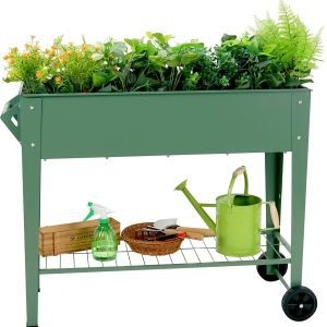 Raised Garden Bed with Legs and Wheels Removable for Outdoor, 31.6 * 14.6'' Metal Planter Raised Box for Growing Vegetables Herb Flower in Patio (Green)
