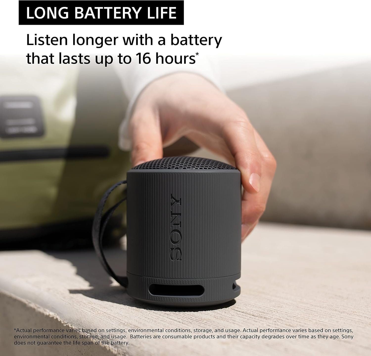 Sony SRS-XB100 Wireless Bluetooth Portable Lightweight Super-Compact Travel Speaker, Durable IP67 Waterproof & Dustproof Shower Speaker, 16 Hour Battery, Versatile Strap, & Hands-free Calling, Black - Image 6