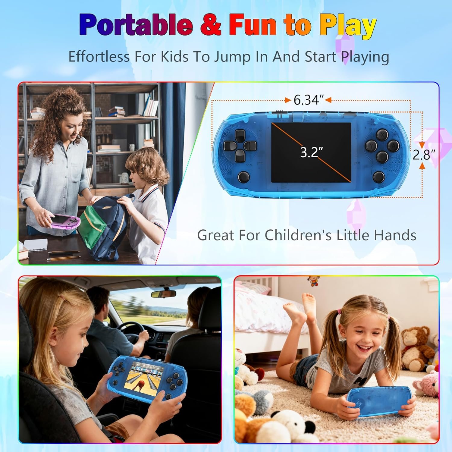 16 Bit Handheld Game Console for Kids Preloaded 100 Retro Video Games, Portable Gaming System Rechargeable Battery 3.2" IPS Screen, Mini Travel Electronic Toy Gifts for Boys Girls (Blue) - Image 6