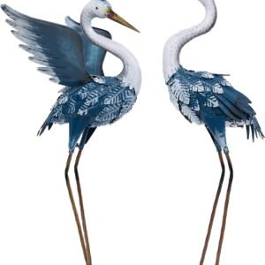 TERESA'S COLLECTIONS Yard Decorations Outdoor Garden Statues, Blue Metal Crane Yard Art, 25-26" Lawn Ornaments for Backyard,Outside Porch,Patio,Heron Decoy Bird Garden Decor,Set of 2,Gifts for Mom