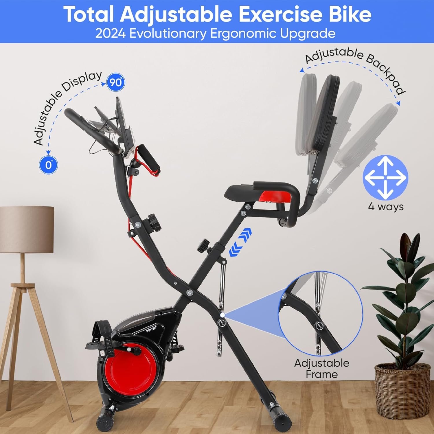 YYFITT 3-IN-1 Exercise Bike with Luminous Digits Display | Folding Stationary Bikes for Home Seniors | Compact Workout Bike with Fully Support Backrest - Wider Seat - 16 Level Magnetic Resistance - Image 3