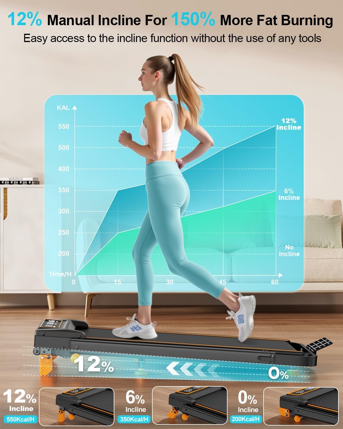 Walking Pad with 12% Incline/Adjustable Height, Upgraded 3.5HP Walking Pad with Handle Bar, 4 in 1 Foldable Under Desk Treadmill, Electric Portable Treadmills for Home 350LBS, LED Display - Image 3