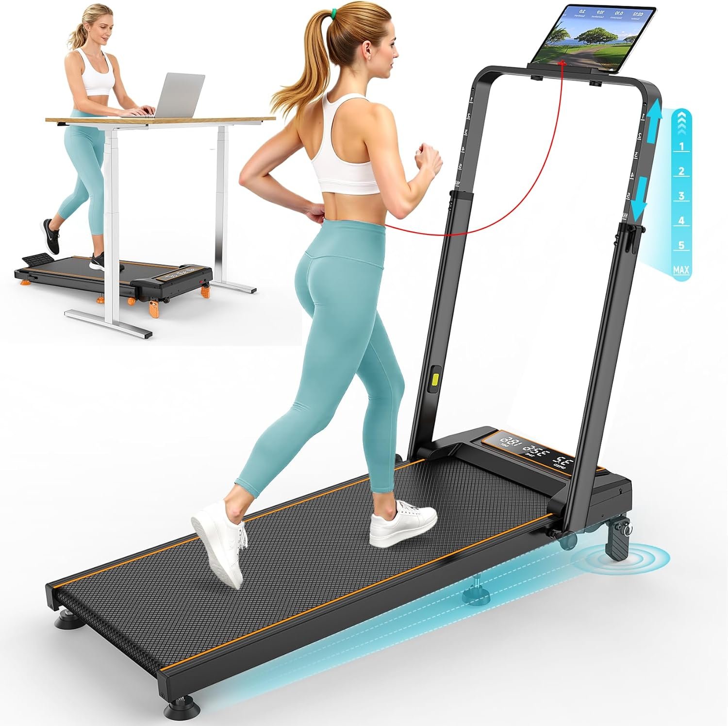 Walking Pad with 12% Incline/Adjustable Height, Upgraded 3.5HP Walking Pad with Handle Bar, 4 in 1 Foldable Under Desk Treadmill, Electric Portable Treadmills for Home 350LBS, LED Display
