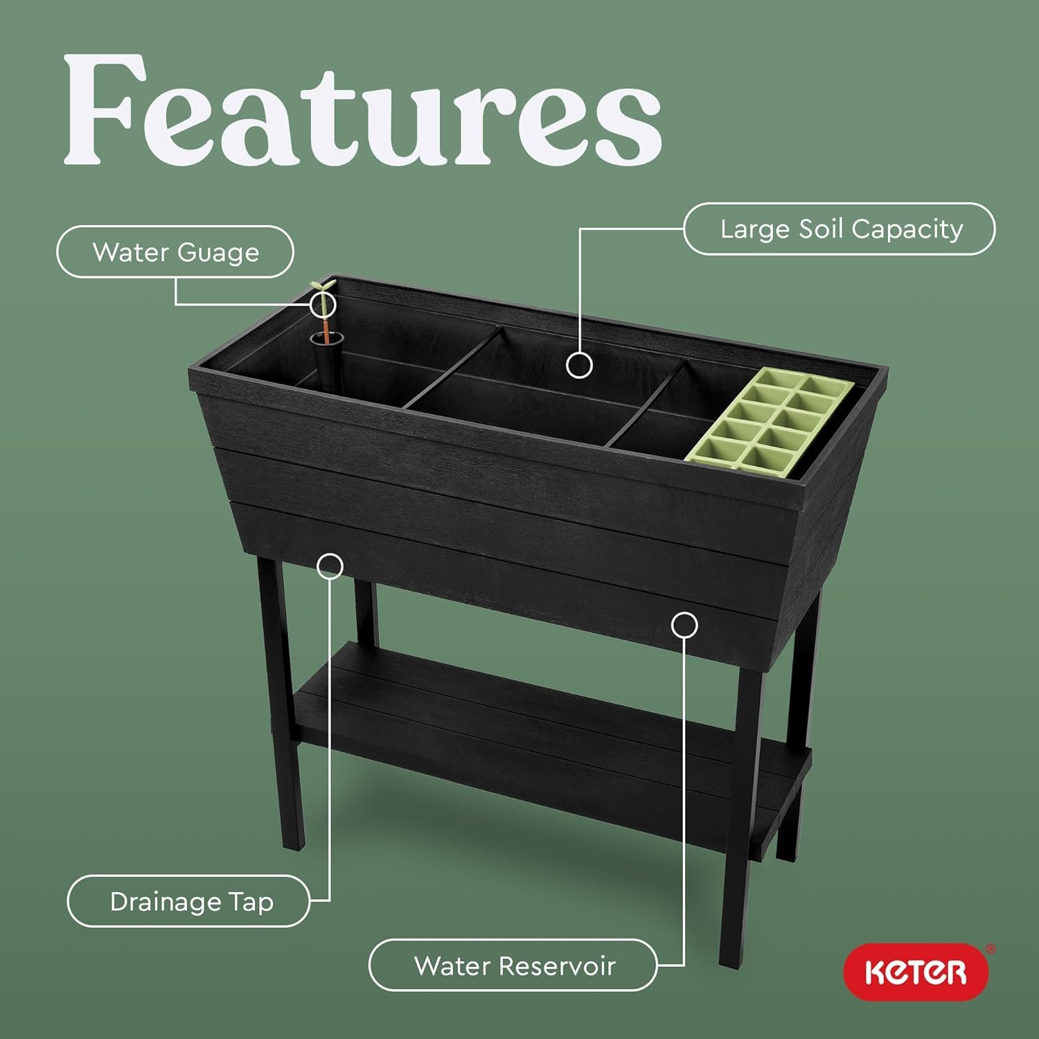 Keter Urban Bloomer 12.7‑Gallon Raised Garden Bed – Elevated Outdoor Planter Box with Self‑Watering Reservoir, Water Gauge & Drainage System, Perfect for Herbs & Vegetables, Dark Grey - Image 5