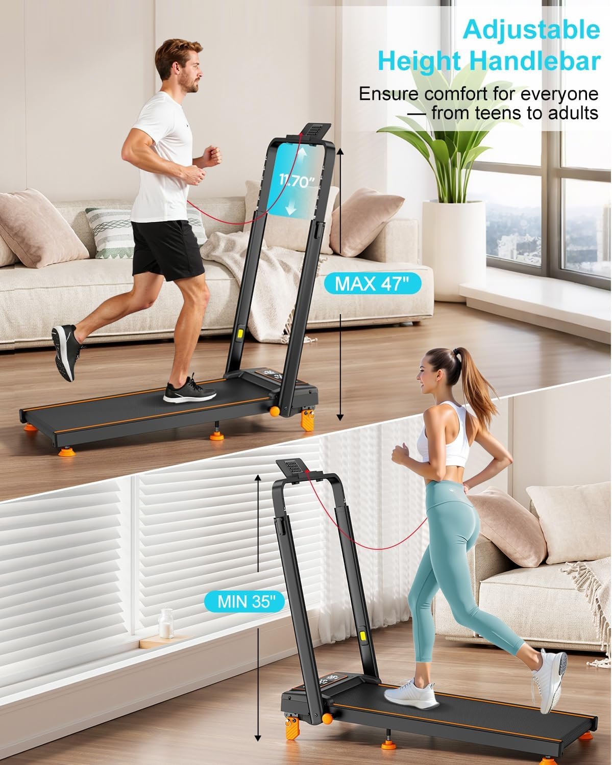 Walking Pad with 12% Incline/Adjustable Height, Upgraded 3.5HP Walking Pad with Handle Bar, 4 in 1 Foldable Under Desk Treadmill, Electric Portable Treadmills for Home 350LBS, LED Display - Image 2