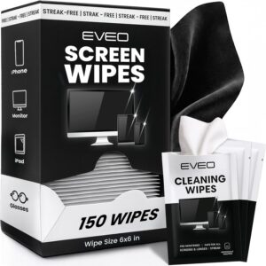 EVEO Screen Wipes (150 Pack) – Electronic Wipes, Computer Screen Cleaner Wipes for Electronics | Computer Screen Wipes Phone Wipes & Lens Wipes for PC, Laptop, Phone, Car & More – Microfiber Included