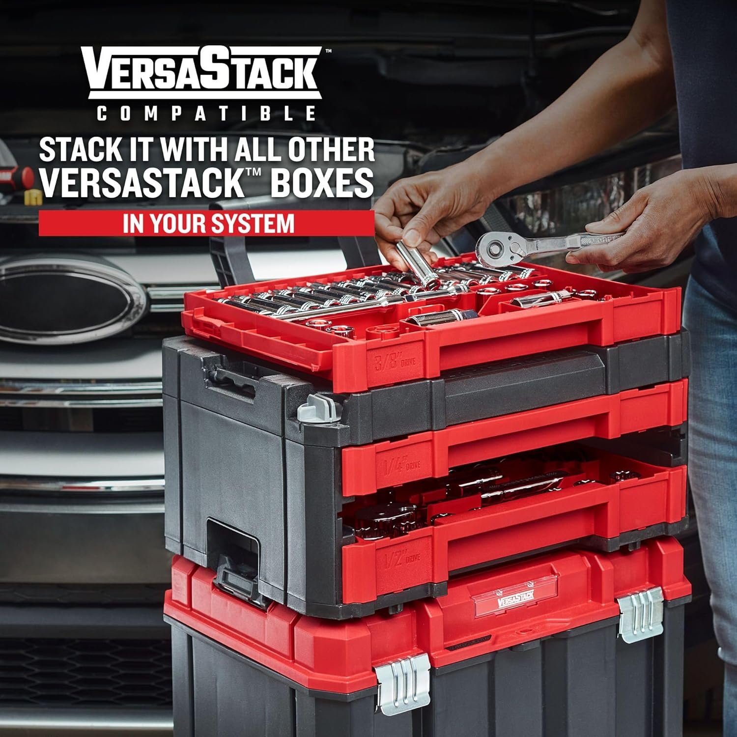CRAFTSMAN 230 Pcs Mechanics Tool Set, Socket Wrench Set, Car Tool Kit with VERSASTACK Toolbox, SAE and Metric,1/4 in, 3/8 in, and 1/2 Drive, Short and Long Arm Hex Keys (CMMT45306) - Image 6