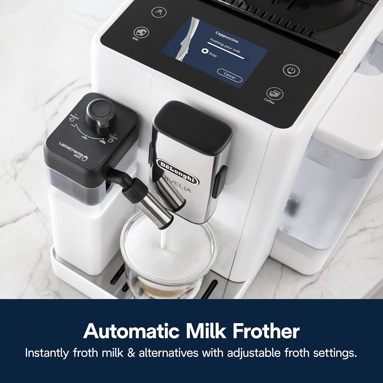 De'Longhi Rivelia Automatic Espresso Machine with Grinder & Milk Frother – All-in-One Coffee Maker, Hot & Iced Latte, Cappuccino, Bean Switch System, Burr Grinder, Compact Italian Design, White - Image 5