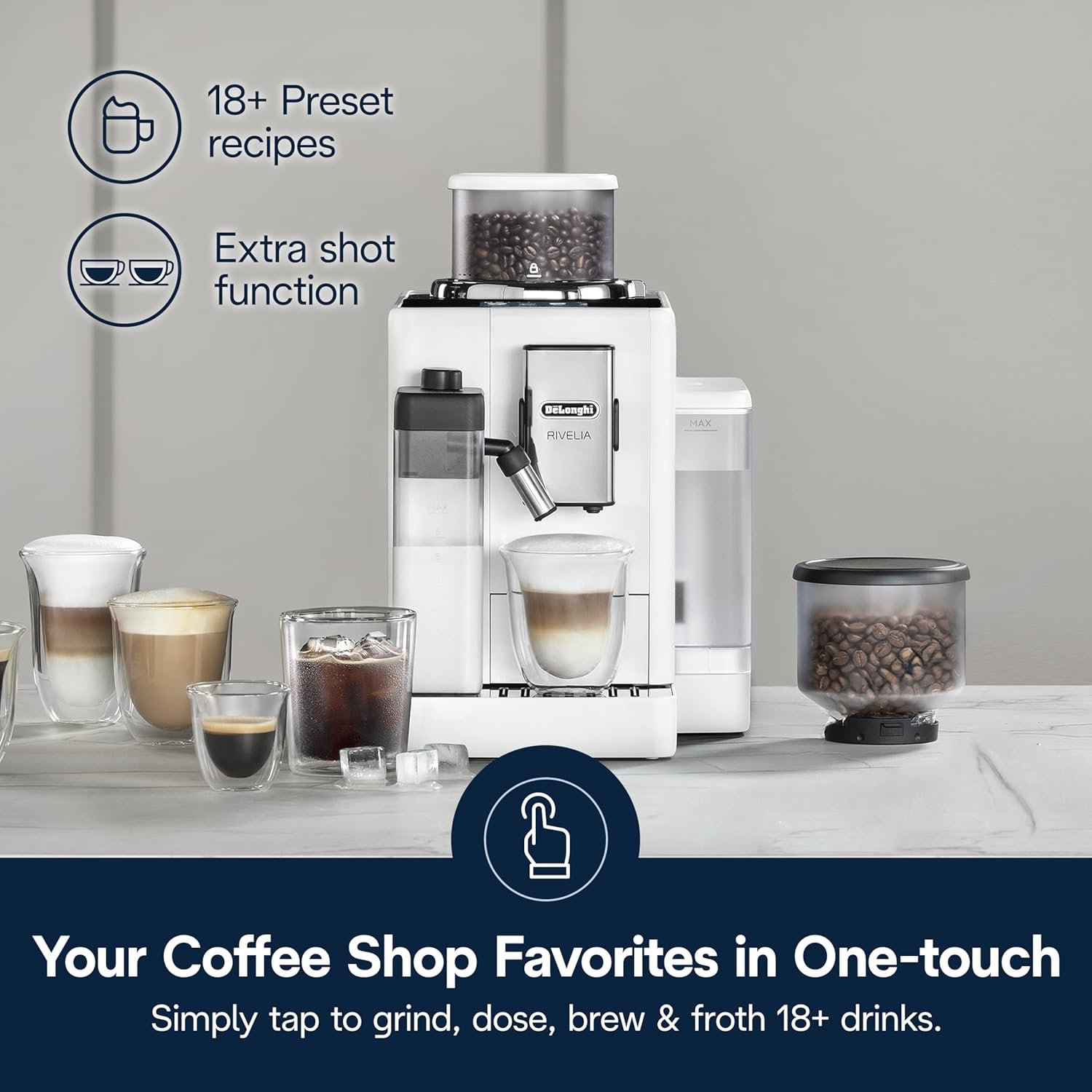 De'Longhi Rivelia Automatic Espresso Machine with Grinder & Milk Frother – All-in-One Coffee Maker, Hot & Iced Latte, Cappuccino, Bean Switch System, Burr Grinder, Compact Italian Design, White - Image 2