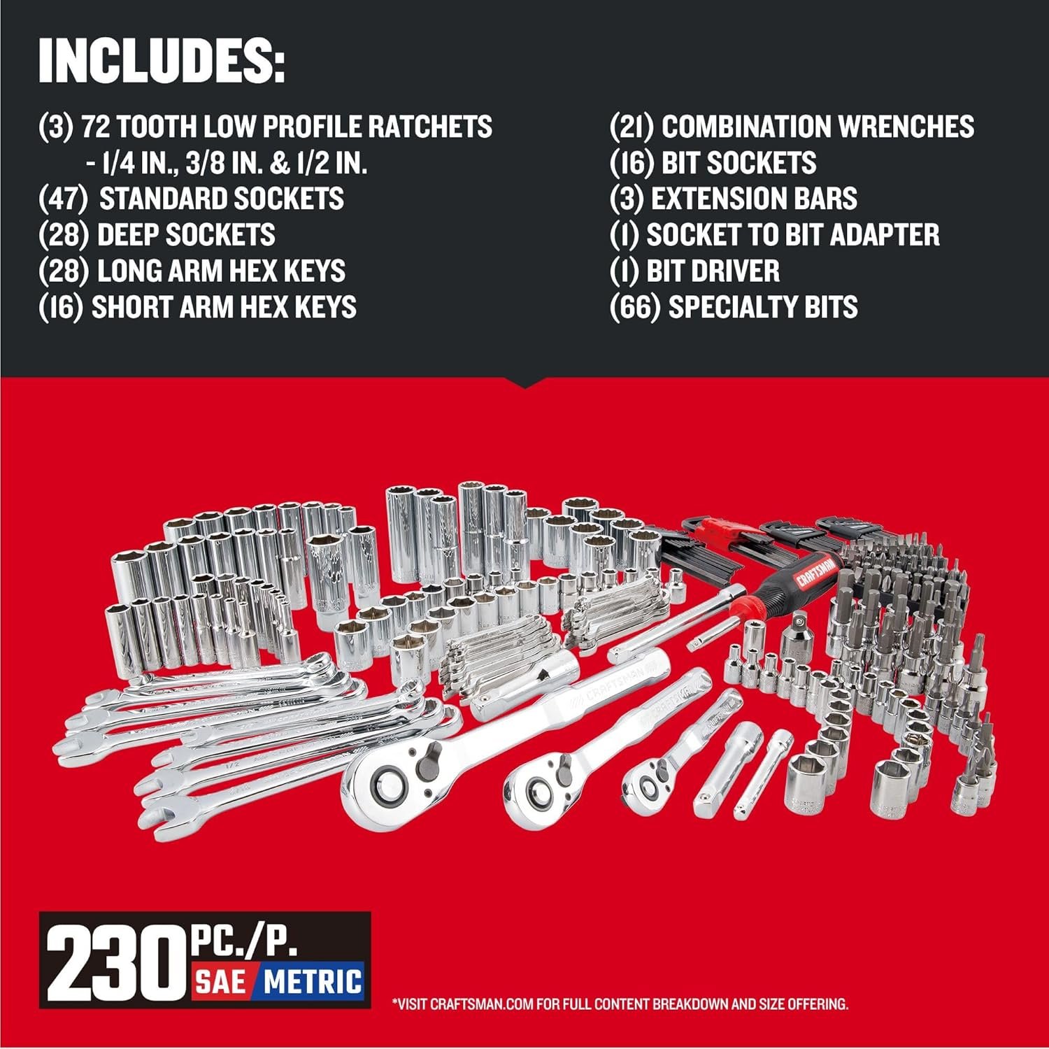 CRAFTSMAN 230 Pcs Mechanics Tool Set, Socket Wrench Set, Car Tool Kit with VERSASTACK Toolbox, SAE and Metric,1/4 in, 3/8 in, and 1/2 Drive, Short and Long Arm Hex Keys (CMMT45306) - Image 2