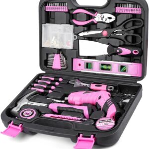 Pink Household Tool Set with 3.6V USB Electric Screwdriver, 136 PCS Home Tool Kit with Cordless Lithium-ion Drill Driver, Hand Tool Kits for Women